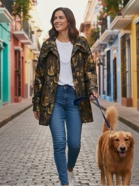 UBU gold & black floral print jacket rain coat xl